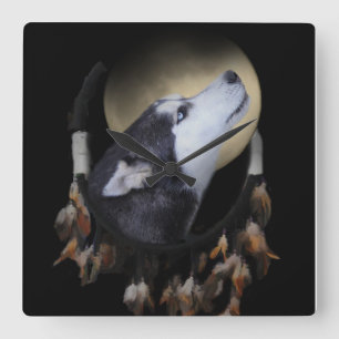 Dream catcher och blåögd Husky Fyrkantig Klocka