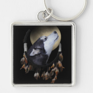 Dream catcher och blåögd Husky Fyrkantig Silverfärgad Nyckelring