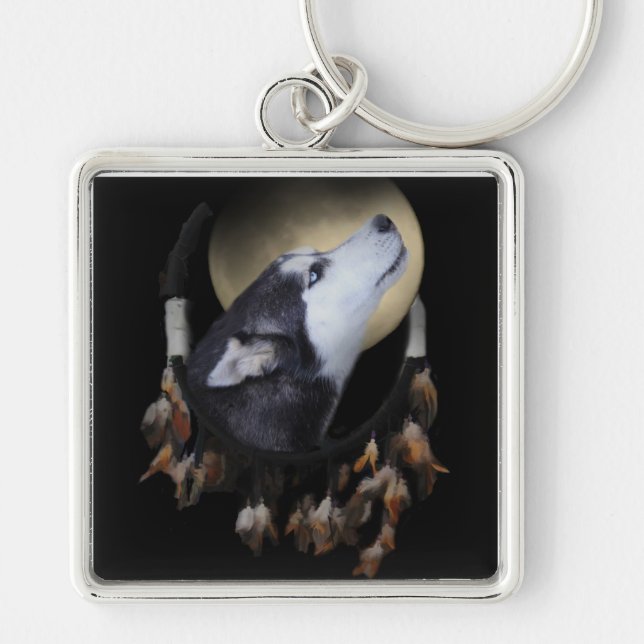 Dream catcher och blåögd Husky Fyrkantig Silverfärgad Nyckelring (Framsidan)