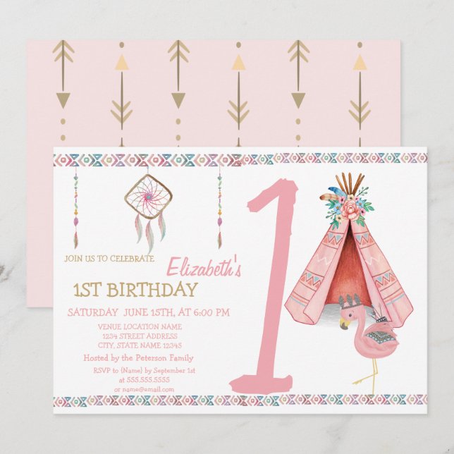 Dream Catcher,Pilar,FlamingoBirthday-inbjudan Inbjudningar (Fram/baksida)