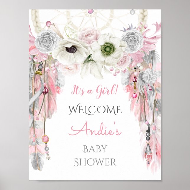 Dream Catcher Tribal Boho Välkomstsignatur Rosa Gr Poster (Framsidan)