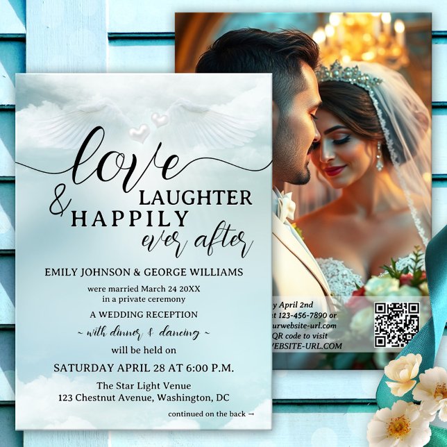 Dream Cloud Nine Elope skötte lyckligtvis efter Br Inbjudningar (Wedding reception only/happily ever after invitation featuring angel wings and hearts on cloud nine)