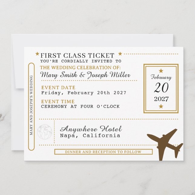 Dream Destination Wedding Black & Guld Biljett Inbjudningar (Framsida)