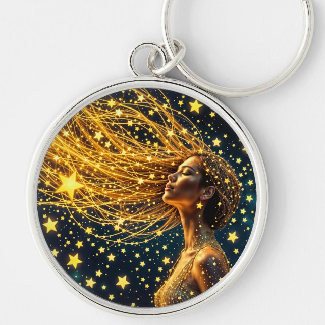 Dream-flicka omgiven av ljusa stjärnor rund silverfärgad nyckelring (Framsidan)