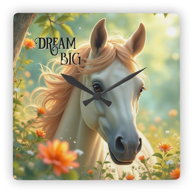 Dream Horse sommartid Fyrkantig Klocka (Wall clock featuring a pretty painting of a dreamy horse in a summer scene)
