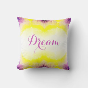 "Dream" i Script Fuschia Gult White Watercolor Kudde