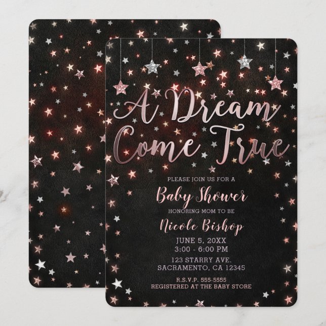 Dream Kom True Black Ro Guld Stars Baby Shower Inbjudningar (Fram/baksida)