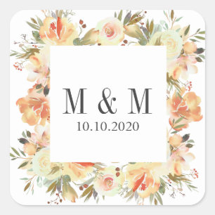 Dream Peach Botanical Ram Bröllop Monogram Fyrkantigt Klistermärke