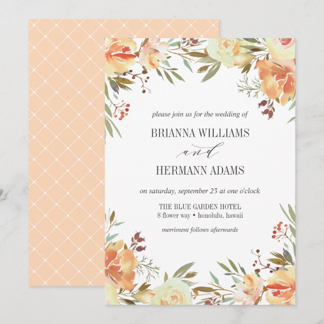 Dream Peach | Finare Rustic Flowers bröllop Inbjudningar (Fram/baksida)