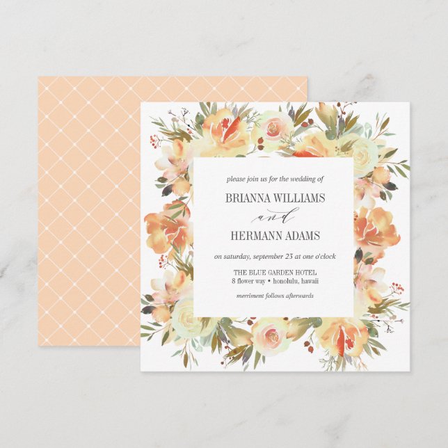 Dream Peach | Finare Vår Blommigt Diamond Bröllop Inbjudningar (Fram/baksida)