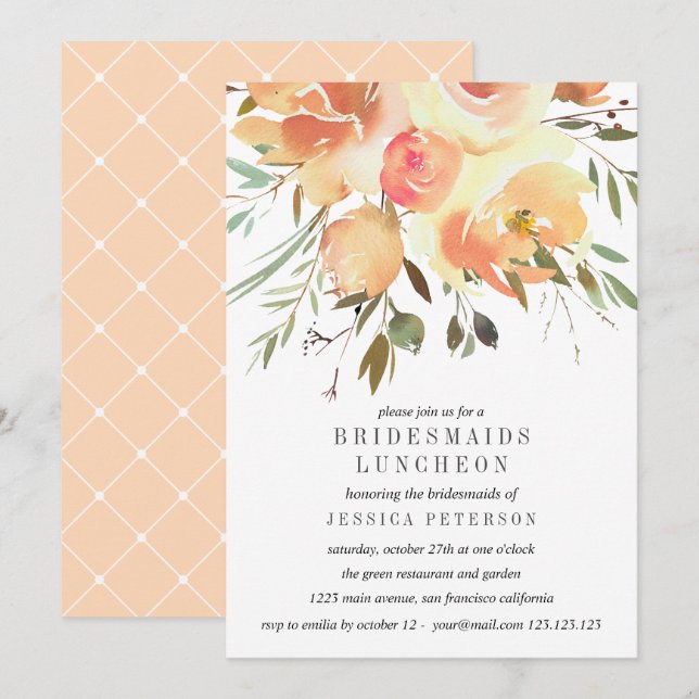 Dream Peach Flowers Bridesmaids Luncheon Bröllop Inbjudningar (Fram/baksida)