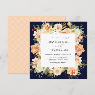 Dream Peach & Navy Vår Blommigt Diamond Bröllop Inbjudningar