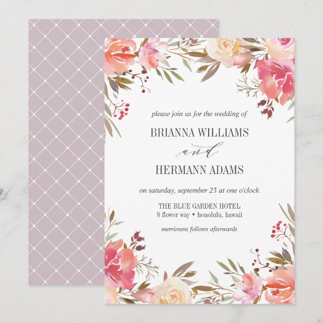 Dream Rosa | Boho Chic Flowers bröllop Inbjudningar (Fram/baksida)