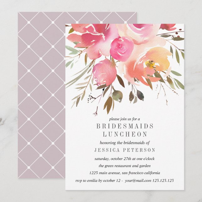 Dream Rosa Flowers Bridesmaids Luncheon Bröllop Inbjudningar (Fram/baksida)