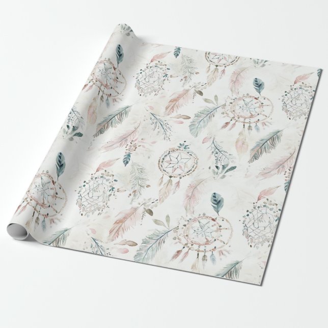 DREAMCATCHER Boho Feathers Neutralt Wrapping Pappe Presentpapper (Utrullad)