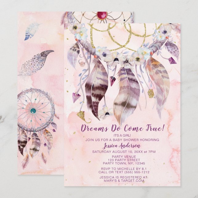 Dreamcatcher Dream Kom True Girl Baby Shower Inbjudningar (Fram/baksida)