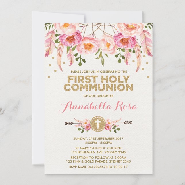 Dreamcatcher Heliga Communion Chic Rosa Guld Blomm Inbjudningar (Framsida)