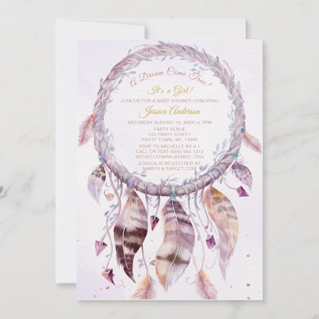 Dreamcatcher med Feathers Girl Baby Shower Inbjudningar (Framsida)