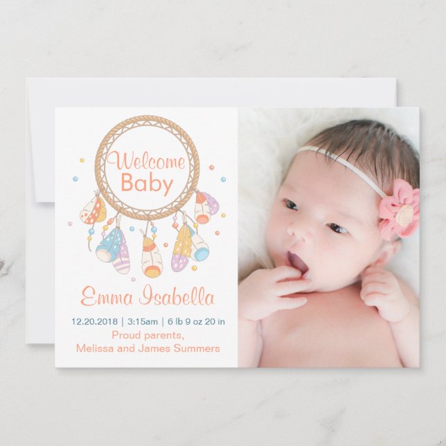 Dreamcatcher Nyfödd bebis Newborn Birth Notice Meddelande (Framsida)