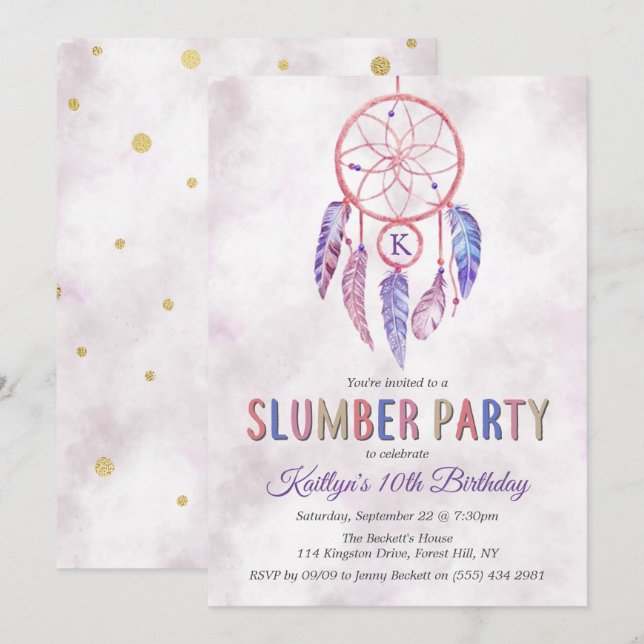 Dreamcatcher Slumber Party Birthday-inbjudningar Inbjudningar (Fram/baksida)