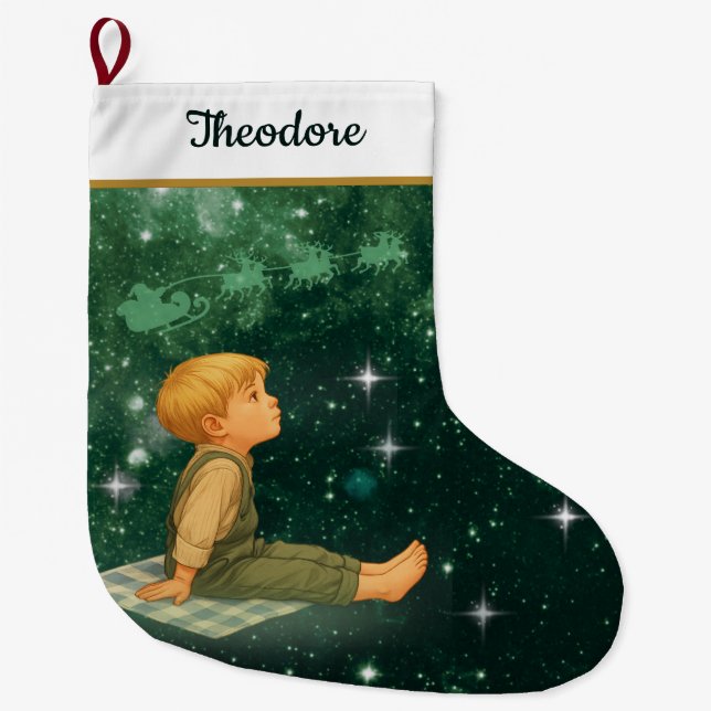 Dreaming Boy Christmas Stocking – Green Silver Stor Julstrumpa (Framsidan)