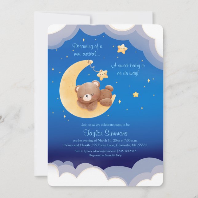 Dreaming New Arrival Bear Night Sky Baby Shower Inbjudningar (Framsida)