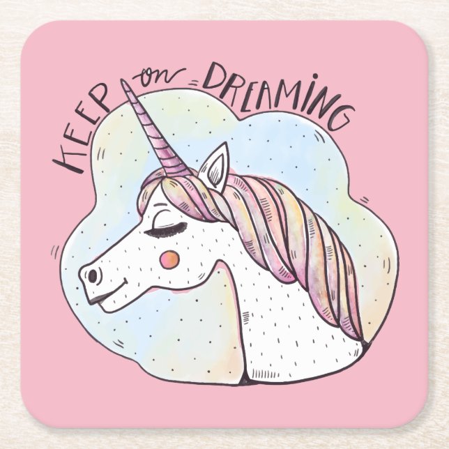 Dreaming Whimsical Unicorn Underlägg Papper Kvadrat (Framsidan)