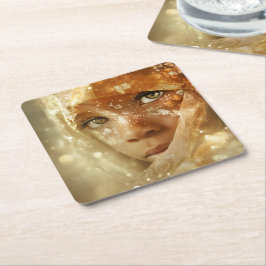 Dreamlike Children Portrait | Golden Veil Gaze Underlägg Papper Kvadrat