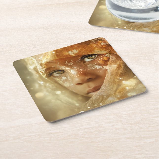 Dreamlike Children Portrait | Golden Veil Gaze Underlägg Papper Kvadrat (Vinklad)