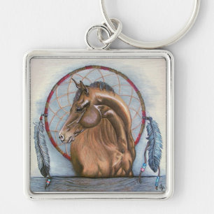 "Dreamlike" Horse och dröm catcher originalkonst Fyrkantig Silverfärgad Nyckelring