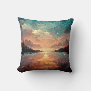 Dreamlike Sjö och Sunset Landskapsmålning Kudde