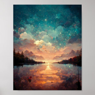 Dreamlike Sjö och Sunset Landskapsmålning Poster
