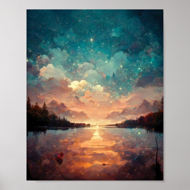 Dreamlike Sjö och Sunset | Landskapsmålning Poster (Framsidan)