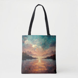 Dreamlike Sjö och Sunset Landskapsmålning Tygkasse