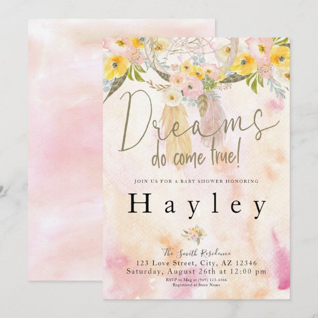 Dreams Do Kom True Watercolor Boho Baby Shower Inbjudningar (Fram/baksida)