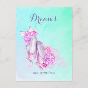 Dreams kan Kom True Rosa Watercolor Ballet Vykort