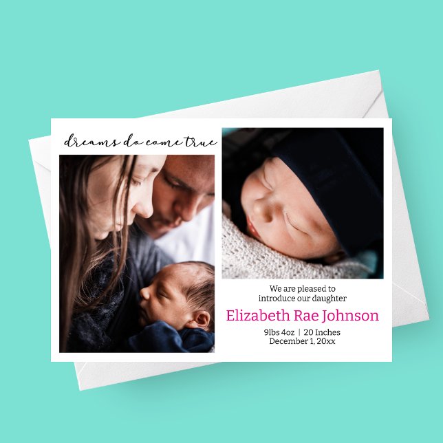 Dreams Kom True Photo Baby Birth Notice Meddelande (Dreams Do Come True Photo Birth Announcement Card with Two Photos)