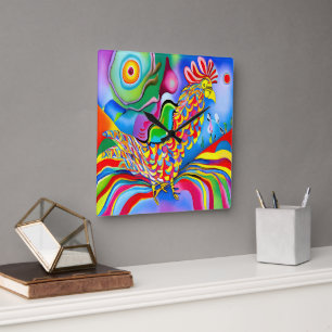 "Dreamscape Bird". A SQ surreal abstrakt cockerel Fyrkantig Klocka