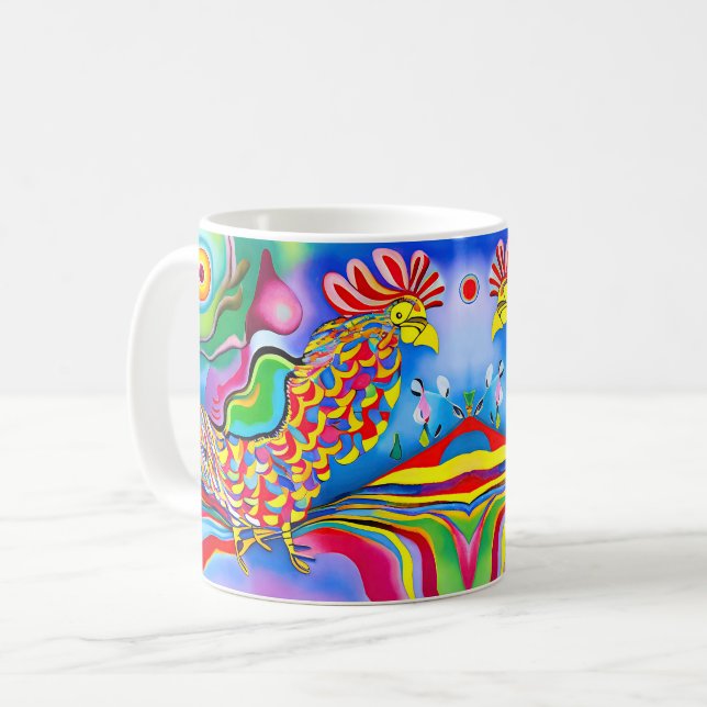 "Dreamscape Bird". En surreal abstrakt cockerel Kaffemugg (Framsida vänster)