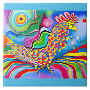"Dreamscape Bird". En surreal abstrakt cockerel Kakelplatta