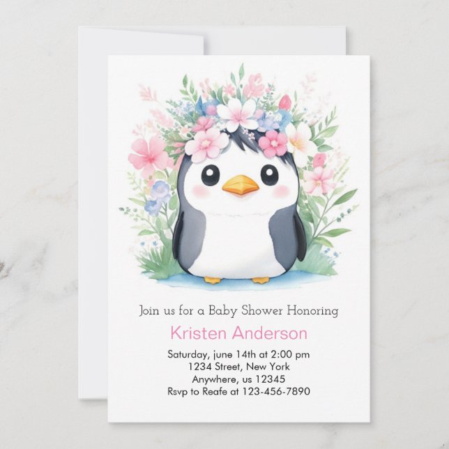 Dreamscape Watercolor Girl Penguin Baby Shower Inbjudningar (Framsida)