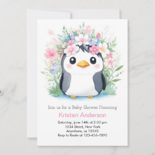 Dreamscape Watercolor Girl Penguin Baby Shower Inbjudningar