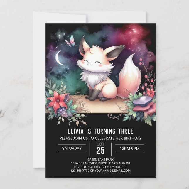 Dreamy Adsible Fox Birthday digital Inbjudningar (Framsida)