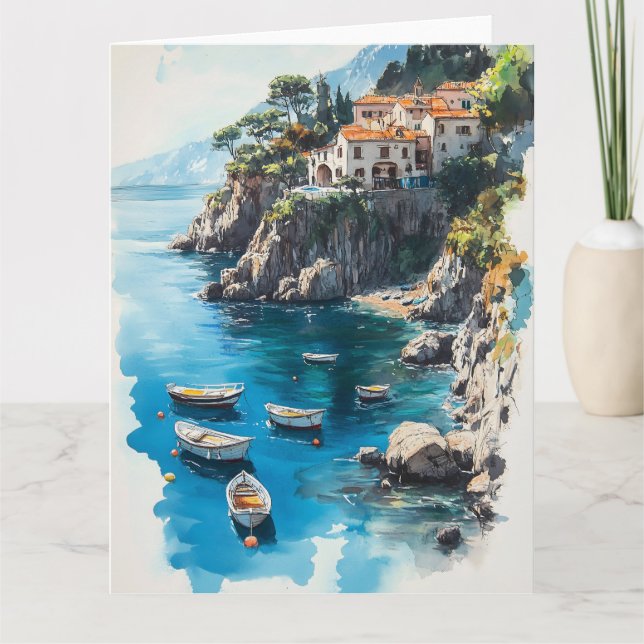 Dreamy Amalfi Kusten: Konstruktion för vattenfärgs Kort (Framsida)