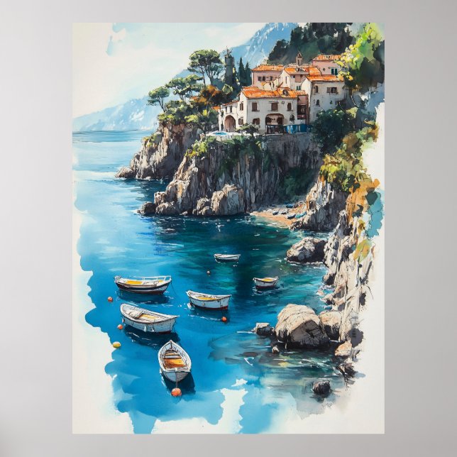 Dreamy Amalfi Kusten: Konstruktion för vattenfärgs Poster (Framsidan)