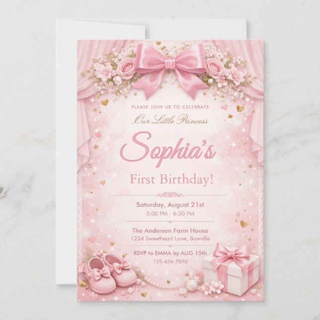 Dreamy and Glitter Floral Pink Bow 1st Birthday Inbjudningar (Framsida)
