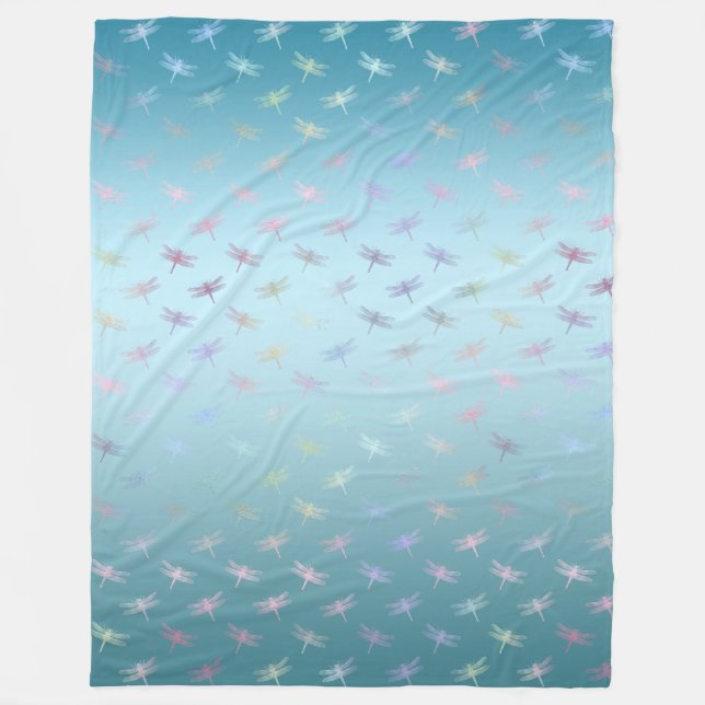 Dreamy Aqua Ombre Rainbow Dragonflies Fleecefilt (Framsidan)