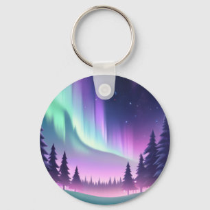 Dreamy Aurora Natt: Lila Forest and Grönt Light Nyckelring