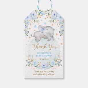 Dreamy Baby Elephant Blue Guld Blommigt Måne Stars Presentetikett