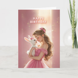 Dreamy Bday Card With Pretty Girl & Cute Bunny Kort